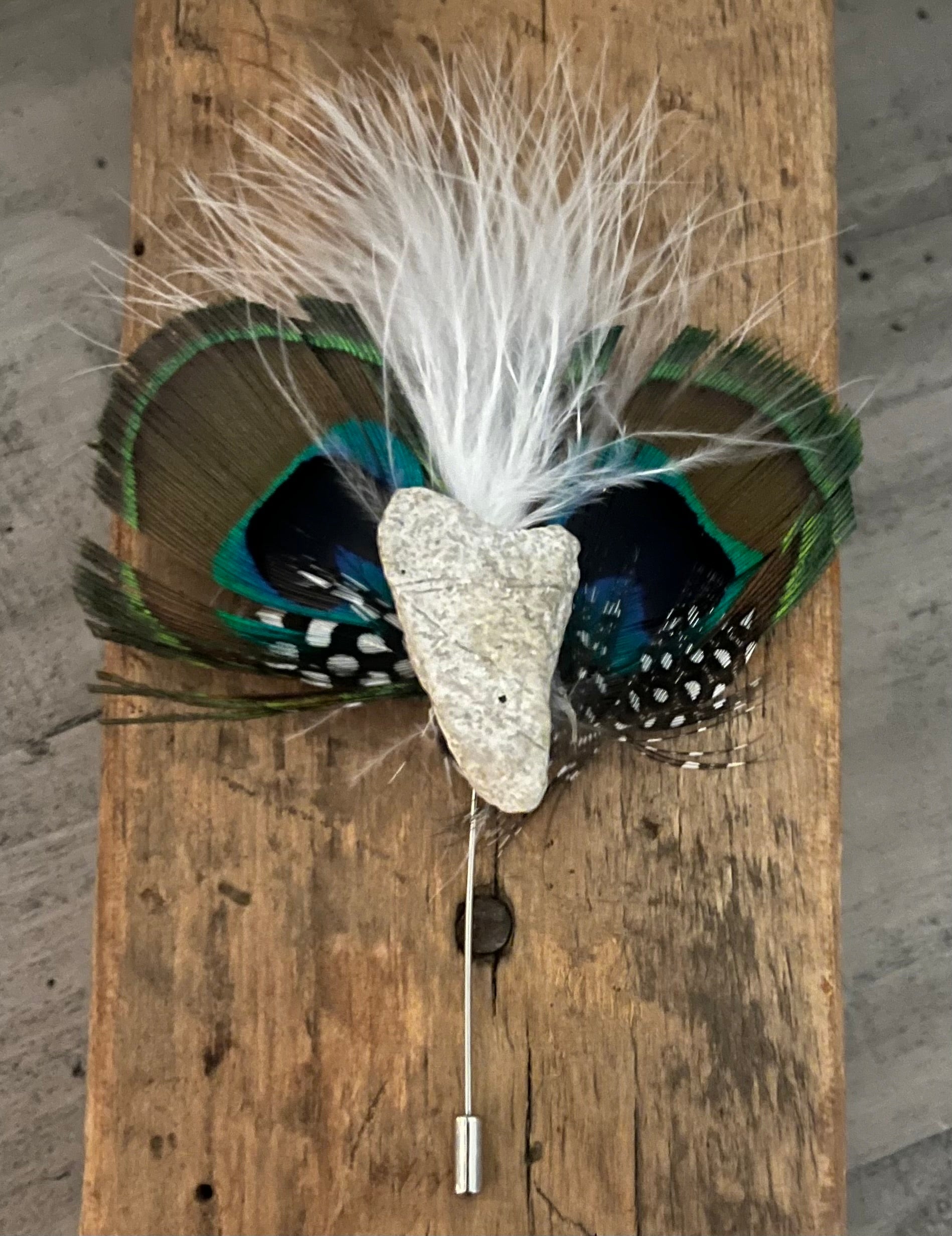 Heart Rock Feather Hat Pin